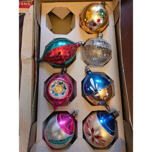 Vintage Hand-Painted Glass Christmas Ornaments Set Of 6 With Box Made In Poland